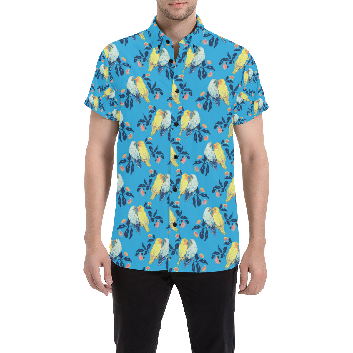 Lovebird Pattern Print Design 03 Men's Short Sleeve Button Up Shirt