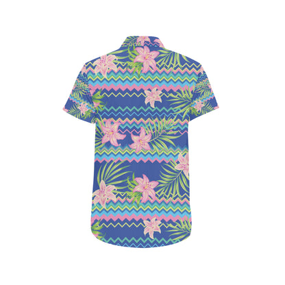 Lily Pattern Print Design LY015 Men's Short Sleeve Button Up Shirt