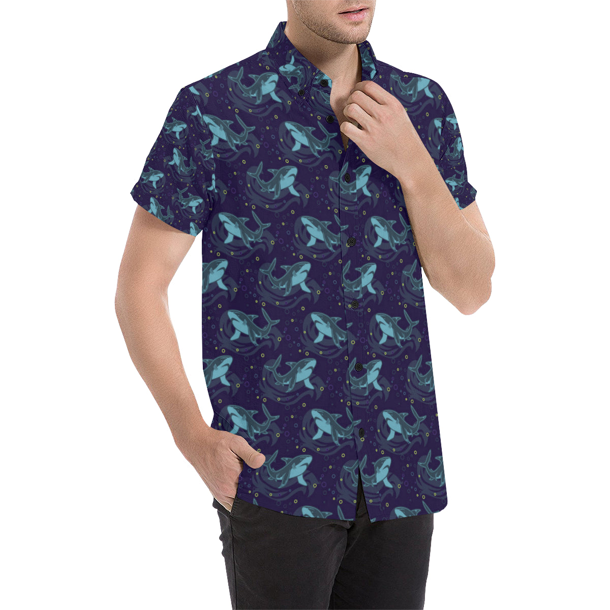 Shark Themed Print Men's Short Sleeve Button Up Shirt