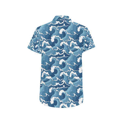 Wave Themed Pattern Print Men's Short Sleeve Button Up Shirt