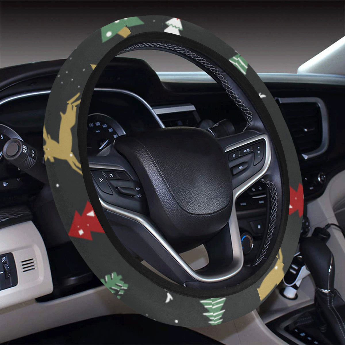 Christmas Tree Deer Style Pattern Print Design 03 Steering Wheel Cover with Elastic Edge