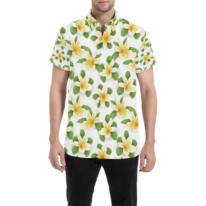 Yellow Plumeria Pattern Print Design PM012 Men's Short Sleeve Button Up Shirt