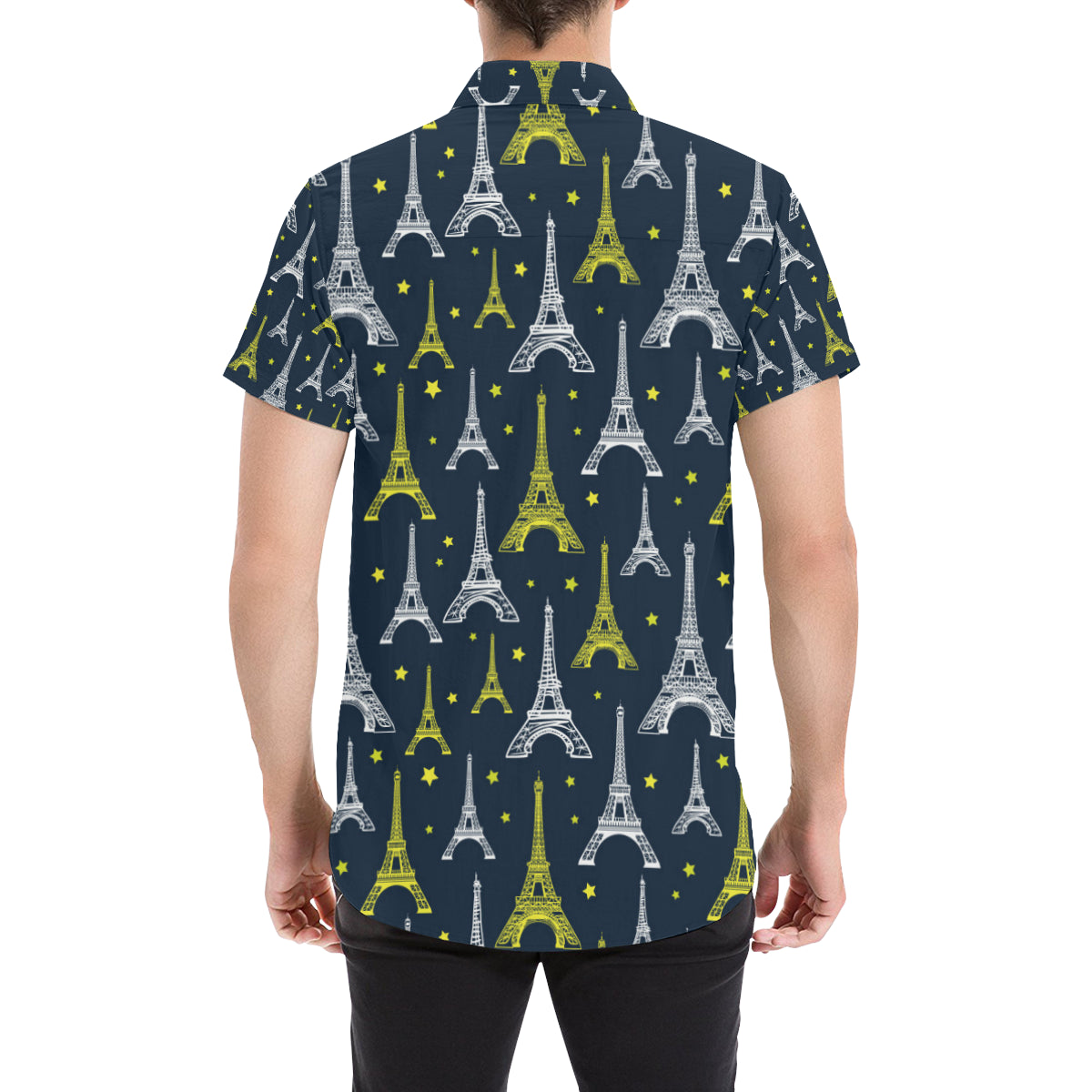 Eiffel Tower Star Print Men's Short Sleeve Button Up Shirt