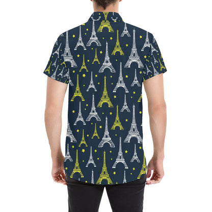 Eiffel Tower Star Print Men's Short Sleeve Button Up Shirt