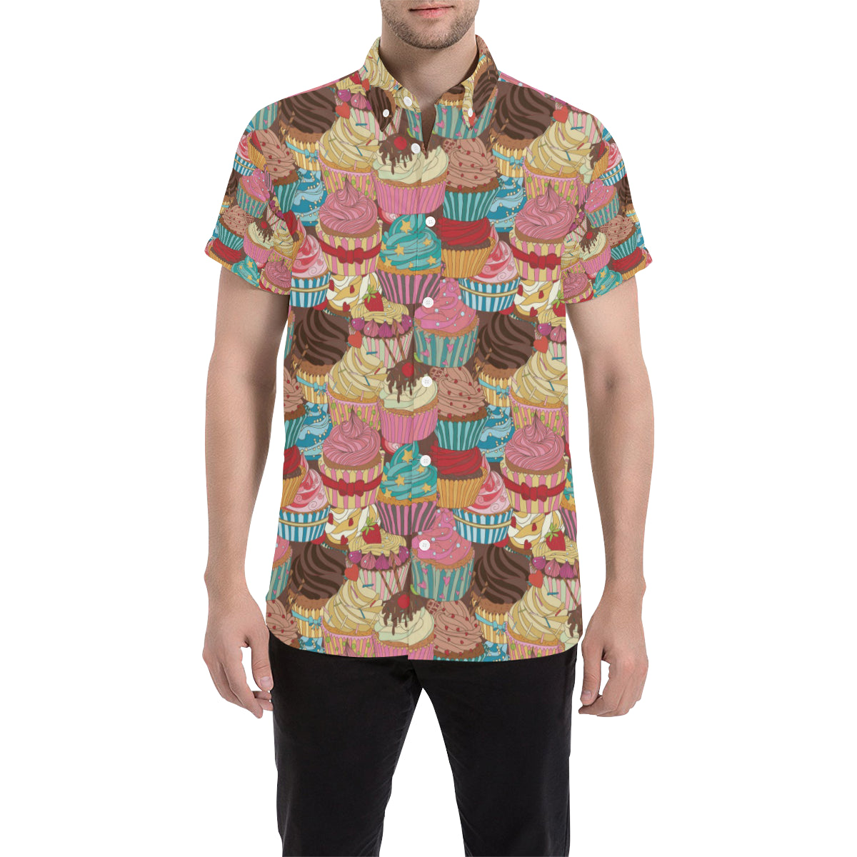 Cupcake Pattern Print Design CP01 Men's Short Sleeve Button Up Shirt