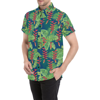 Heliconia Pattern Print Design HL08 Men's Short Sleeve Button Up Shirt