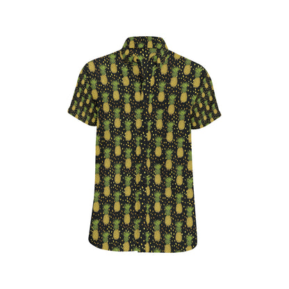 Pineapple Gold Dot Themed Print Men's Short Sleeve Button Up Shirt