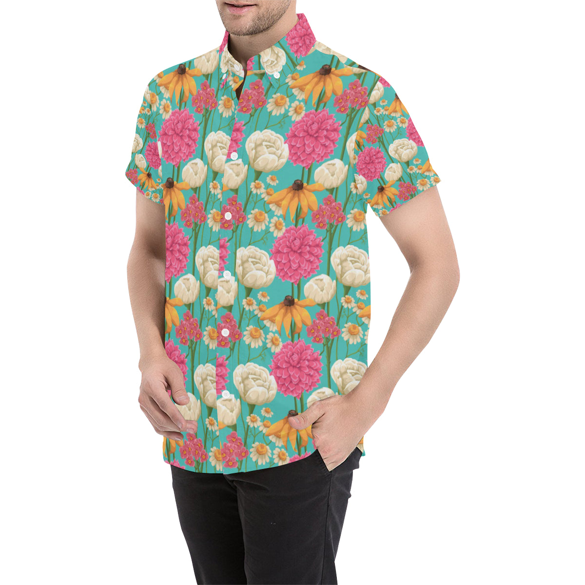 Summer Floral Pattern Print Design SF07 Men's Short Sleeve Button Up Shirt