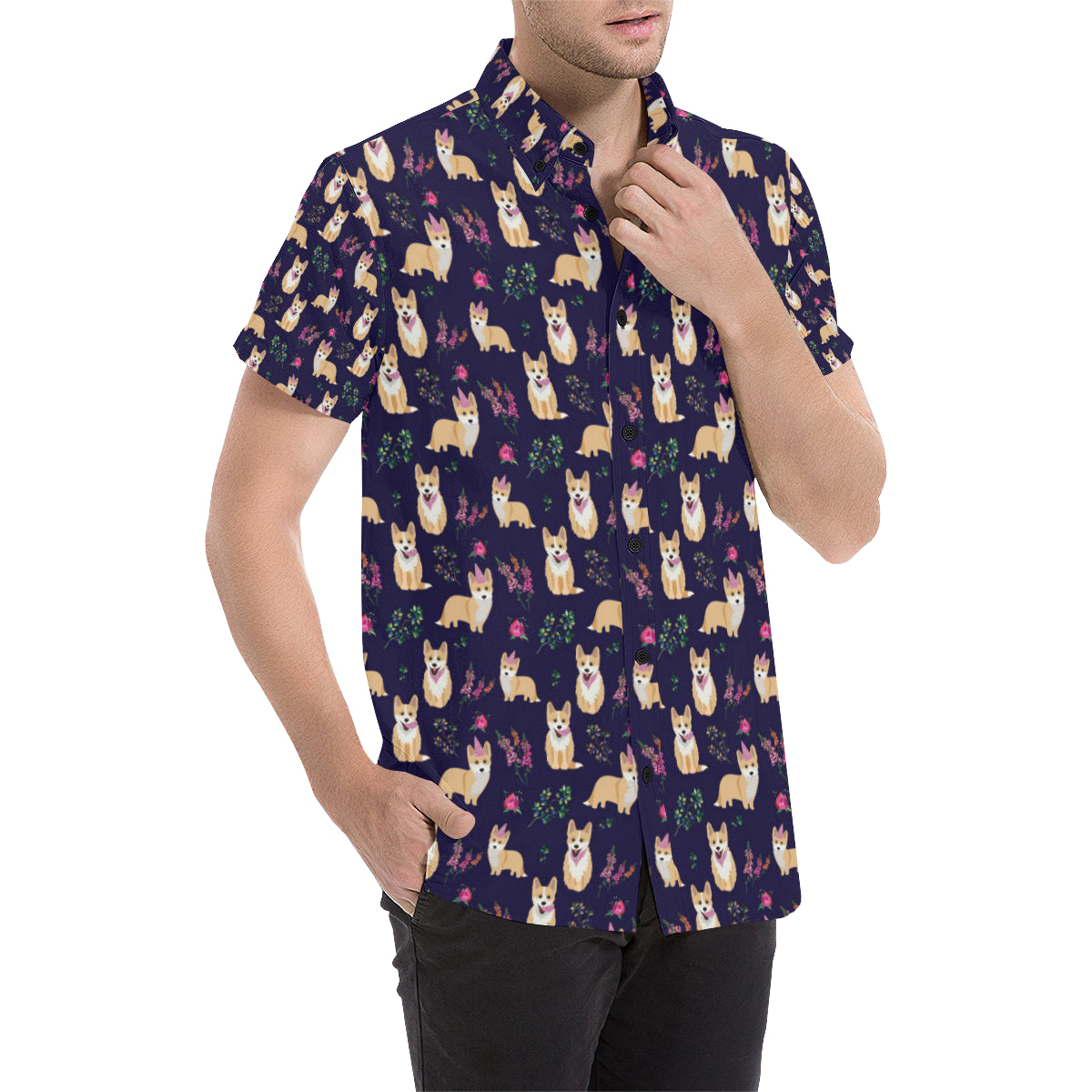 Pembroke Welsh Corgis Pattern Print Design A06 Men's Short Sleeve Button Up Shirt