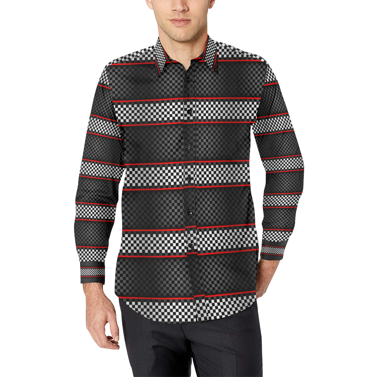 Checkered Flag Red Line Style Men's Long Sleeve Shirt