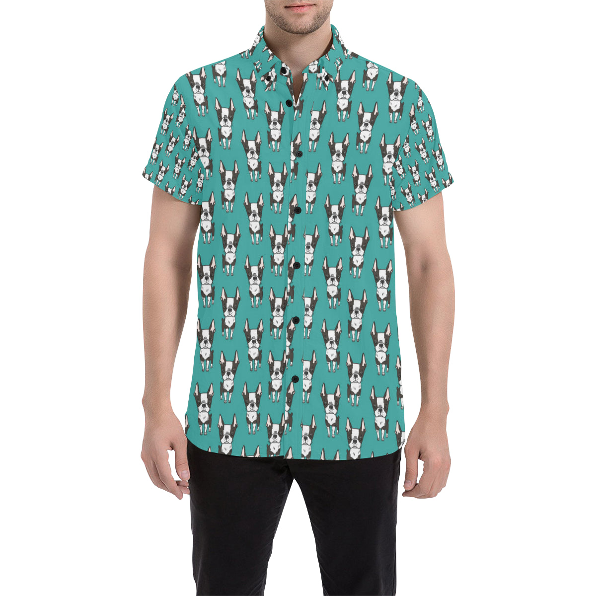 Boston Terrier Pattern Print Design 04 Men's Short Sleeve Button Up Shirt