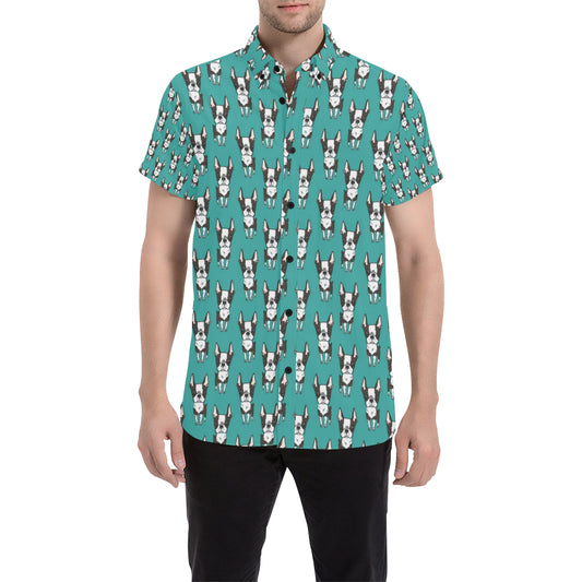 Boston Terrier Pattern Print Design 04 Men's Short Sleeve Button Up Shirt