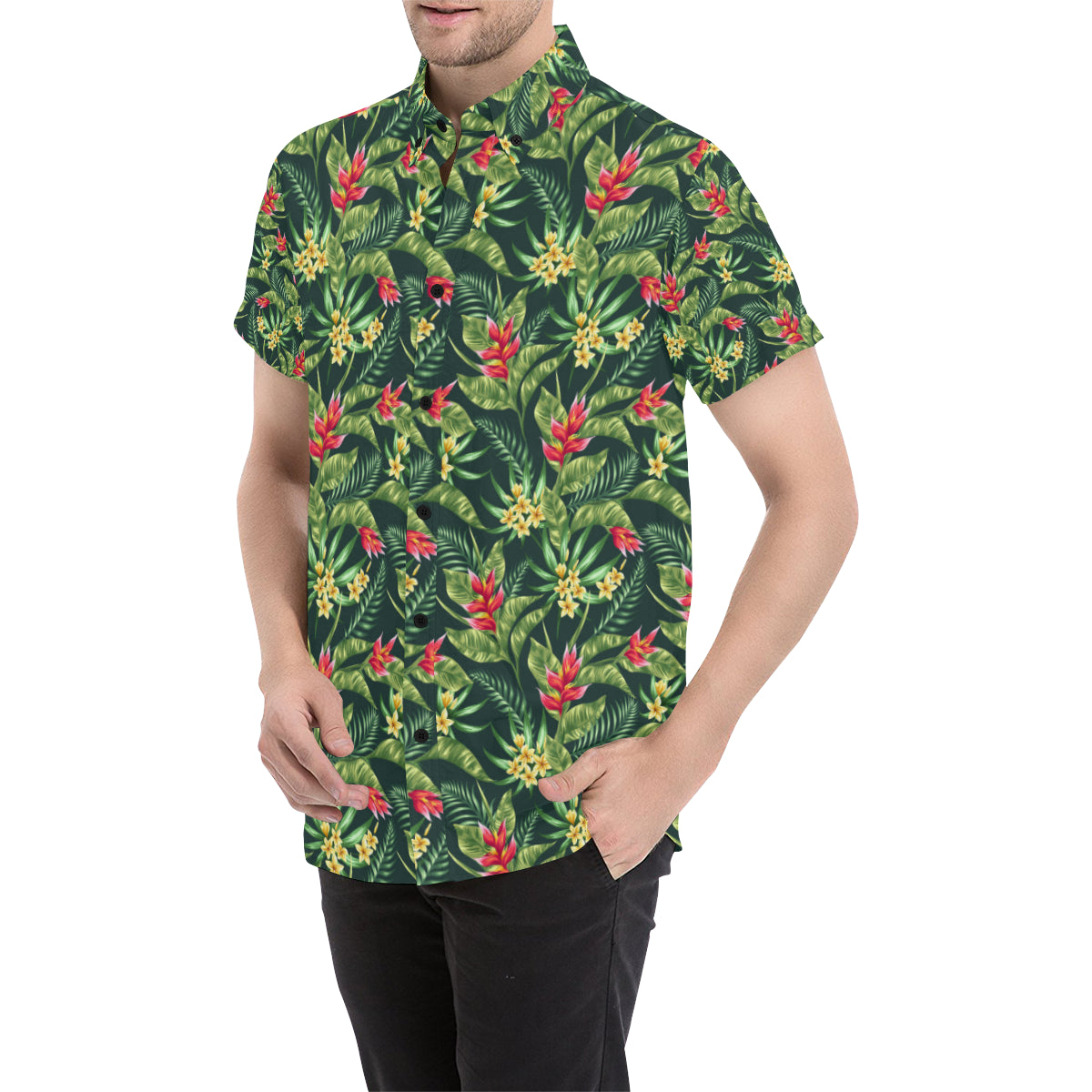 Tropical Folower Red Heliconia Print Men's Short Sleeve Button Up Shirt