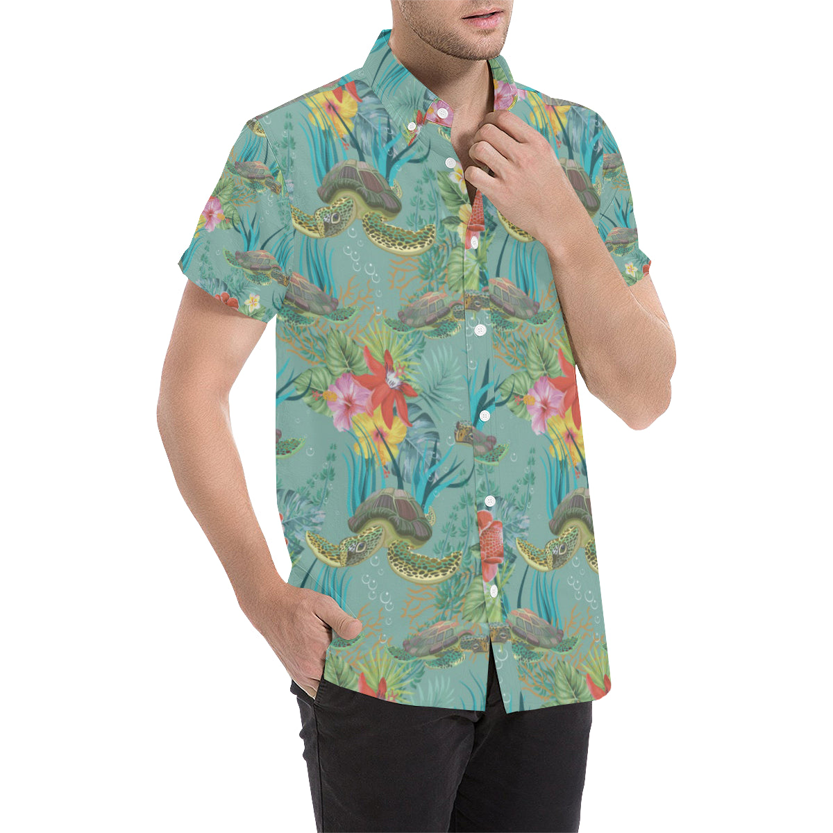 Sea Turtle Pattern Print Design T012 Men's Short Sleeve Button Up Shirt
