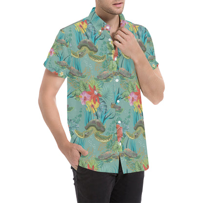 Sea Turtle Pattern Print Design T012 Men's Short Sleeve Button Up Shirt