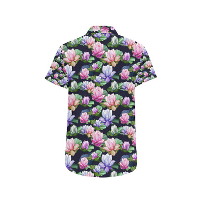 Lotus Flower Print Design Men's Short Sleeve Button Up Shirt
