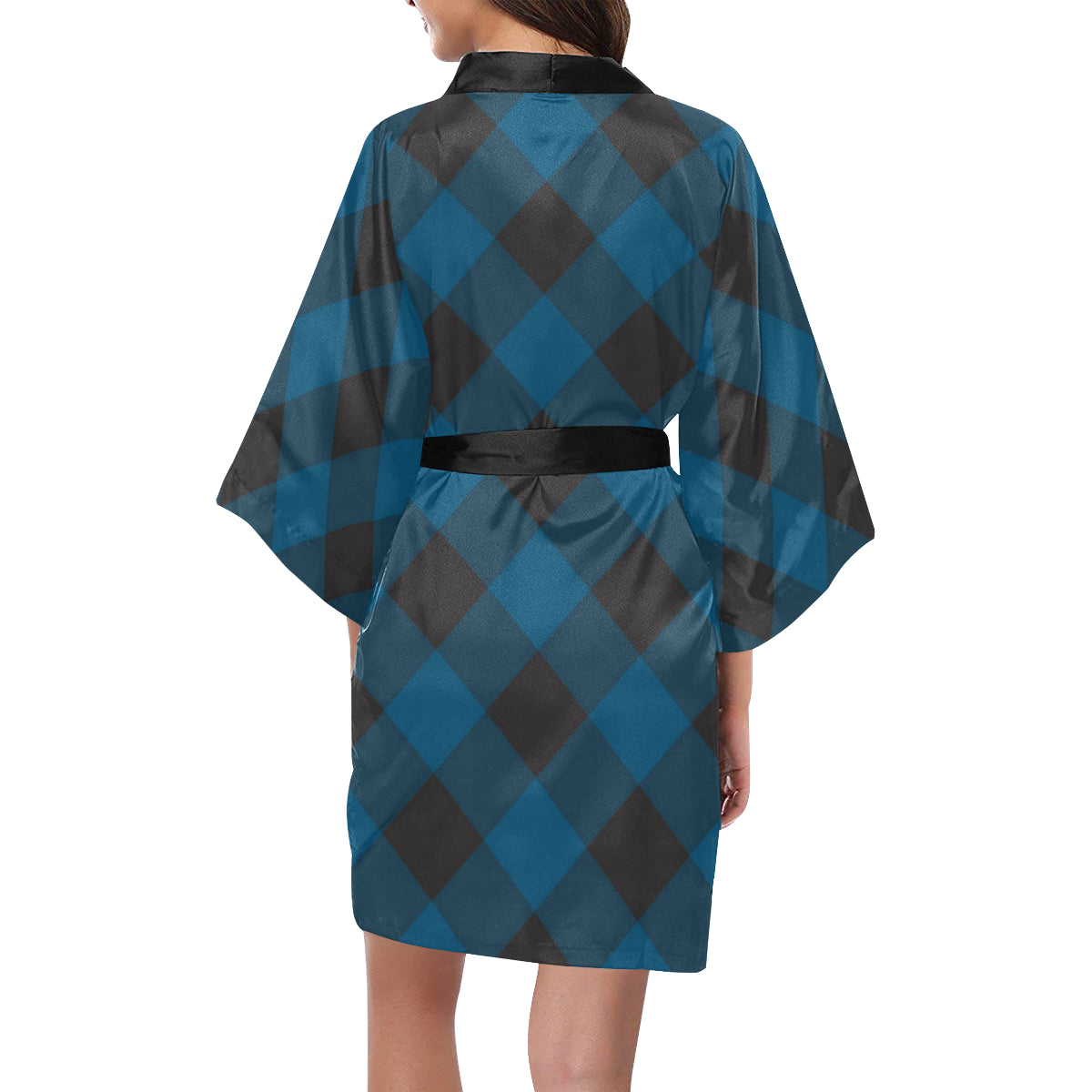 Plaid Blue Pattern Print Design A04 Women's Short Kimono