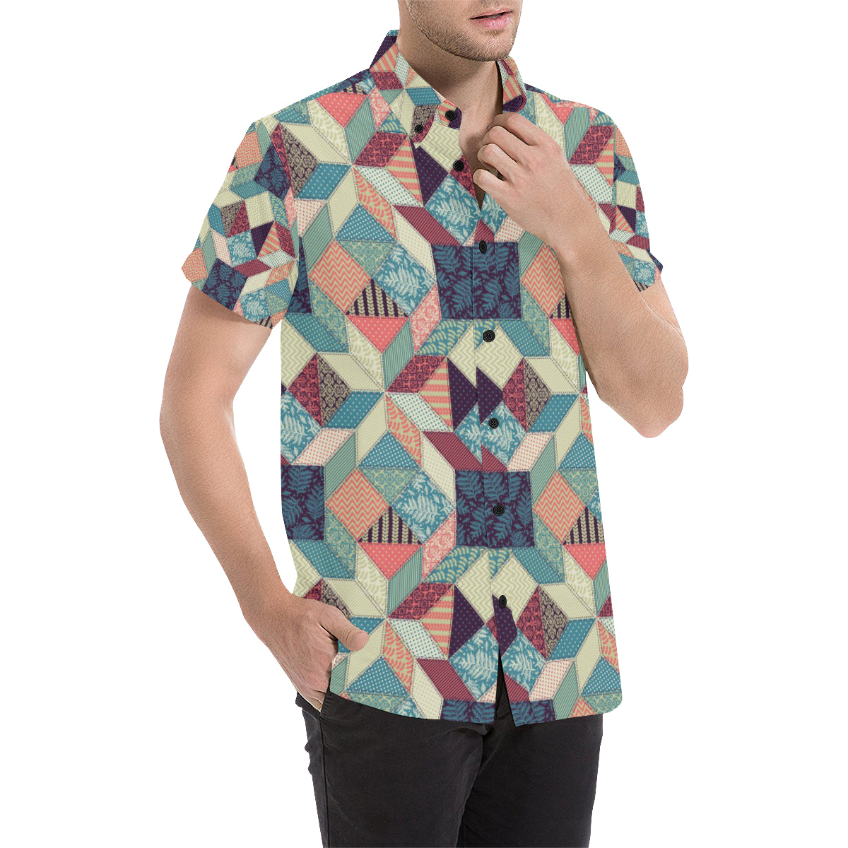 Patchwork Pattern Print Design 02 Men's Short Sleeve Button Up Shirt