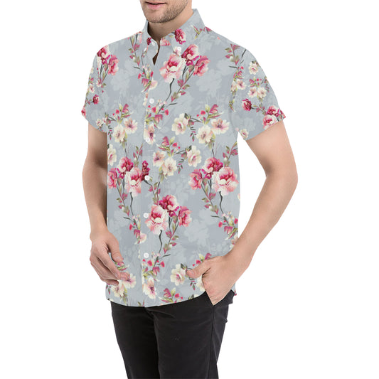 Summer Floral Pattern Print Design SF02 Men's Short Sleeve Button Up Shirt