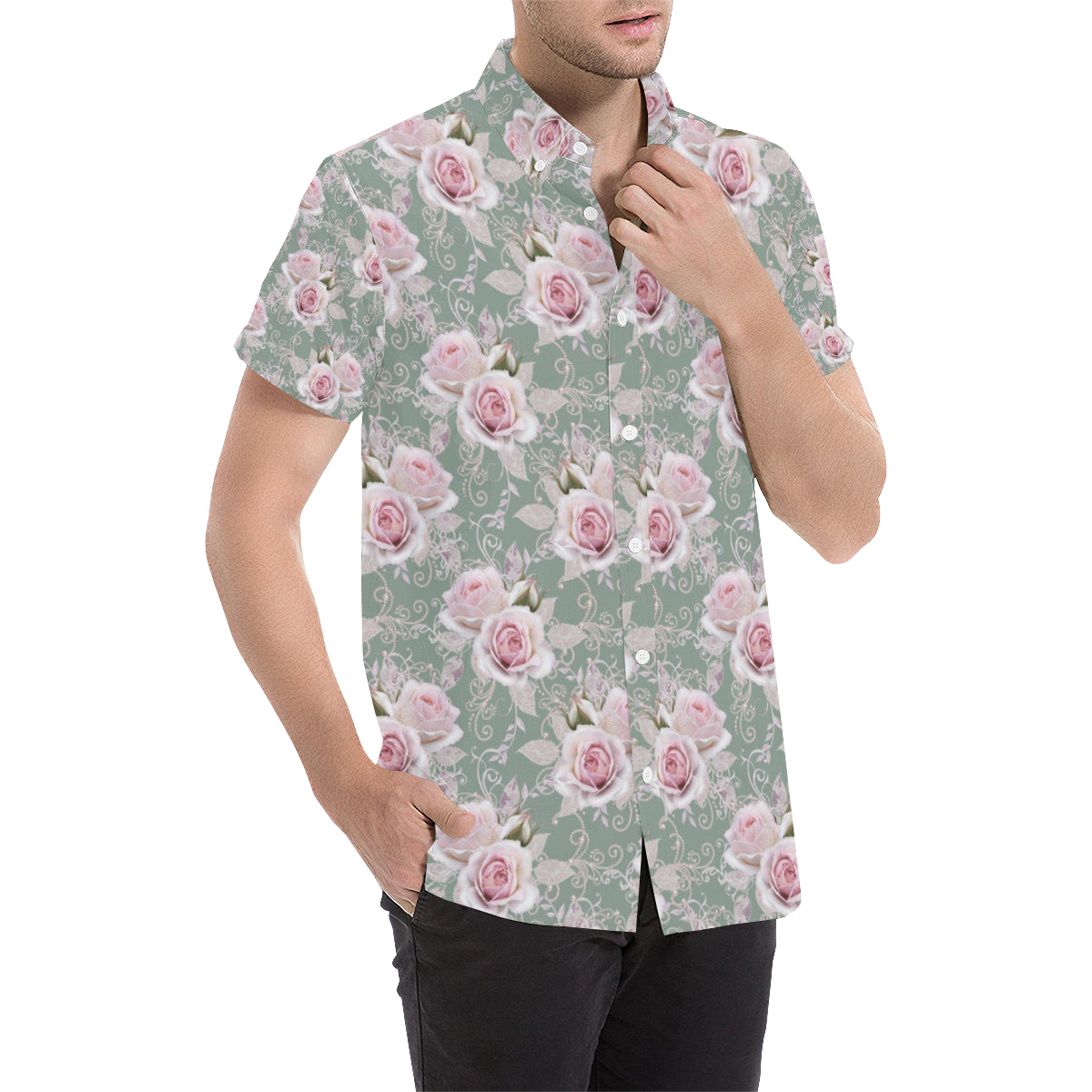 Rose White Pattern Print Design RO012 Men's Short Sleeve Button Up Shirt