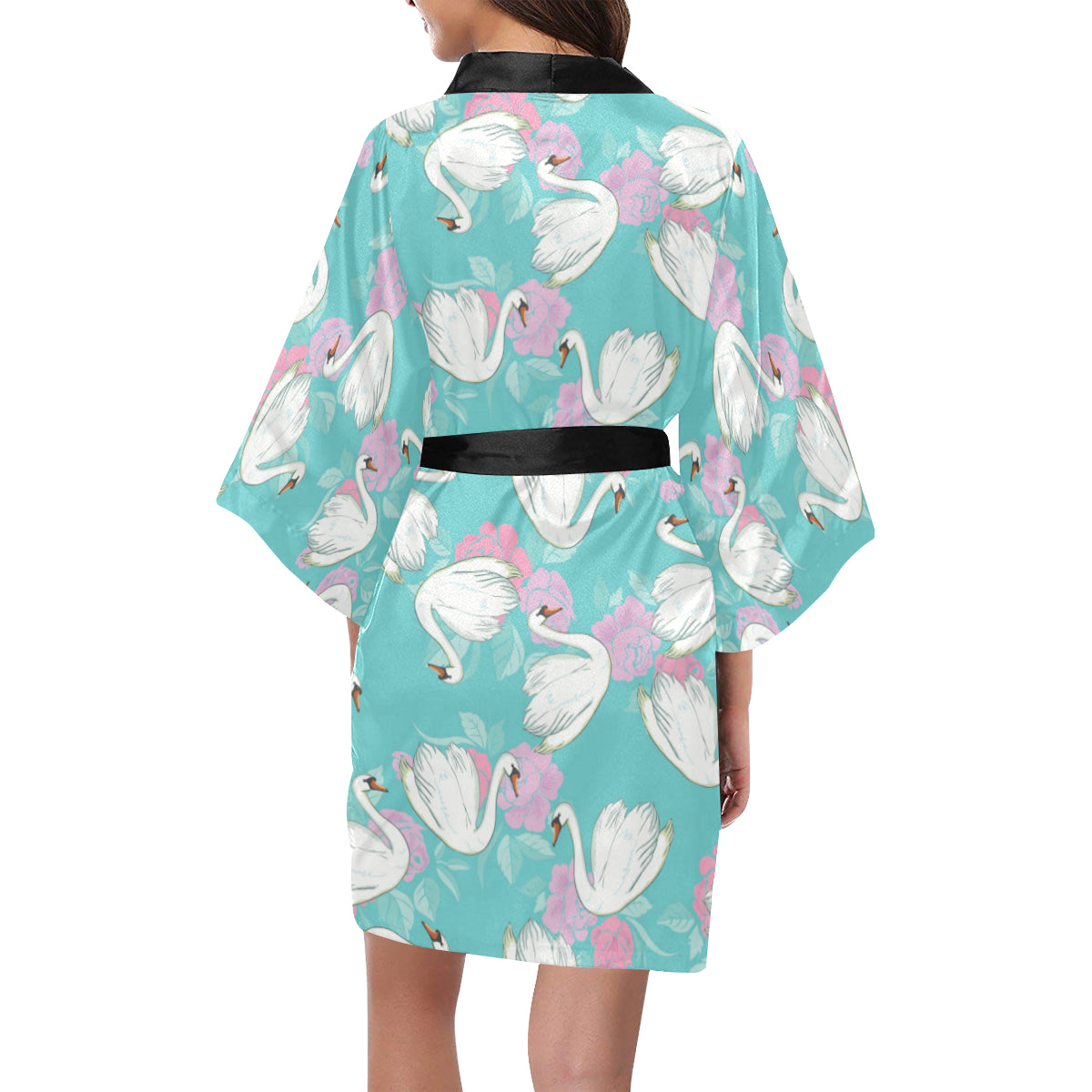 Swan Pattern Print Design 03 Women's Short Kimono