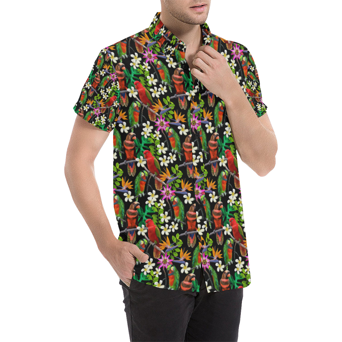 Parrot Design Print Men's Short Sleeve Button Up Shirt