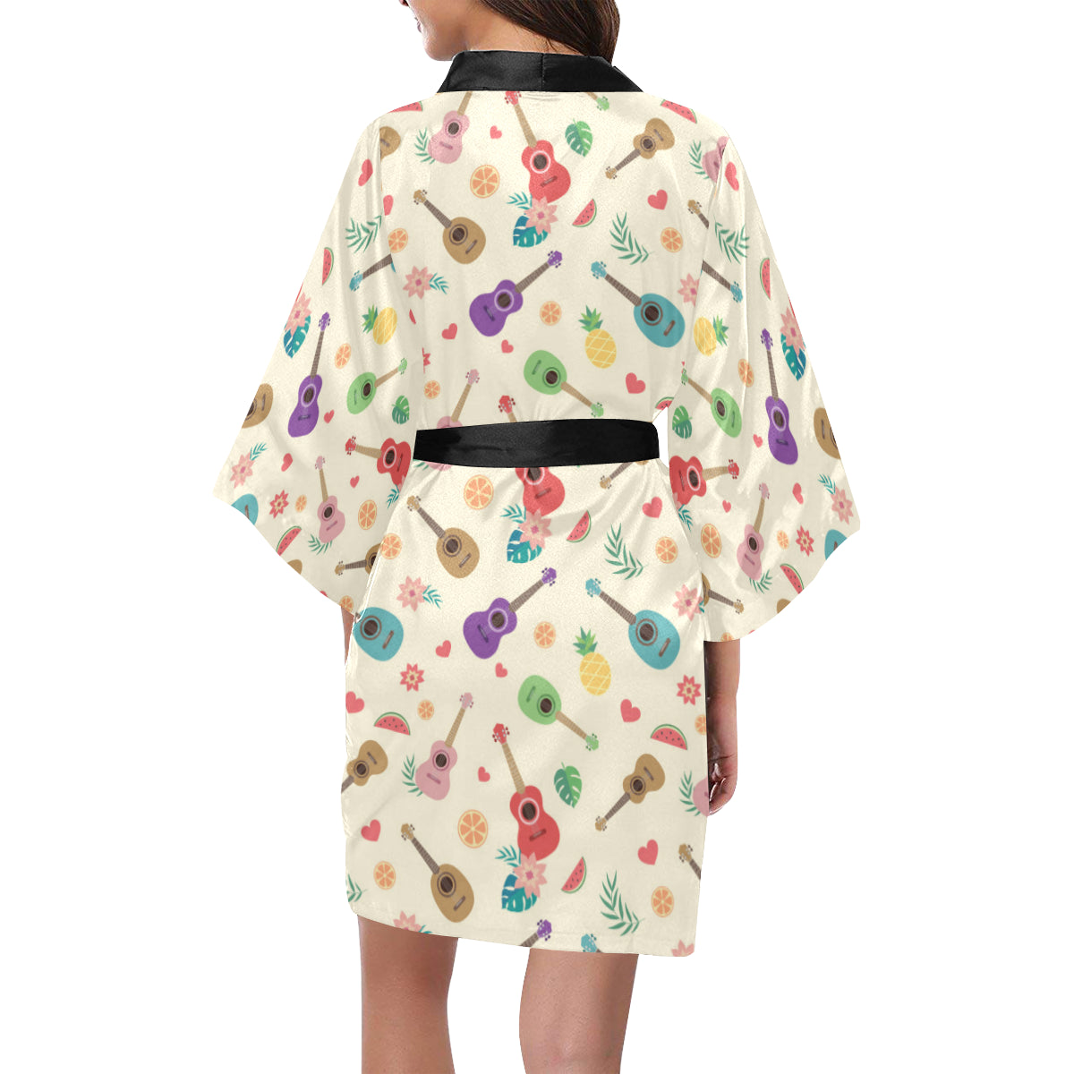 Ukulele Pattern Print Design 01 Women's Short Kimono