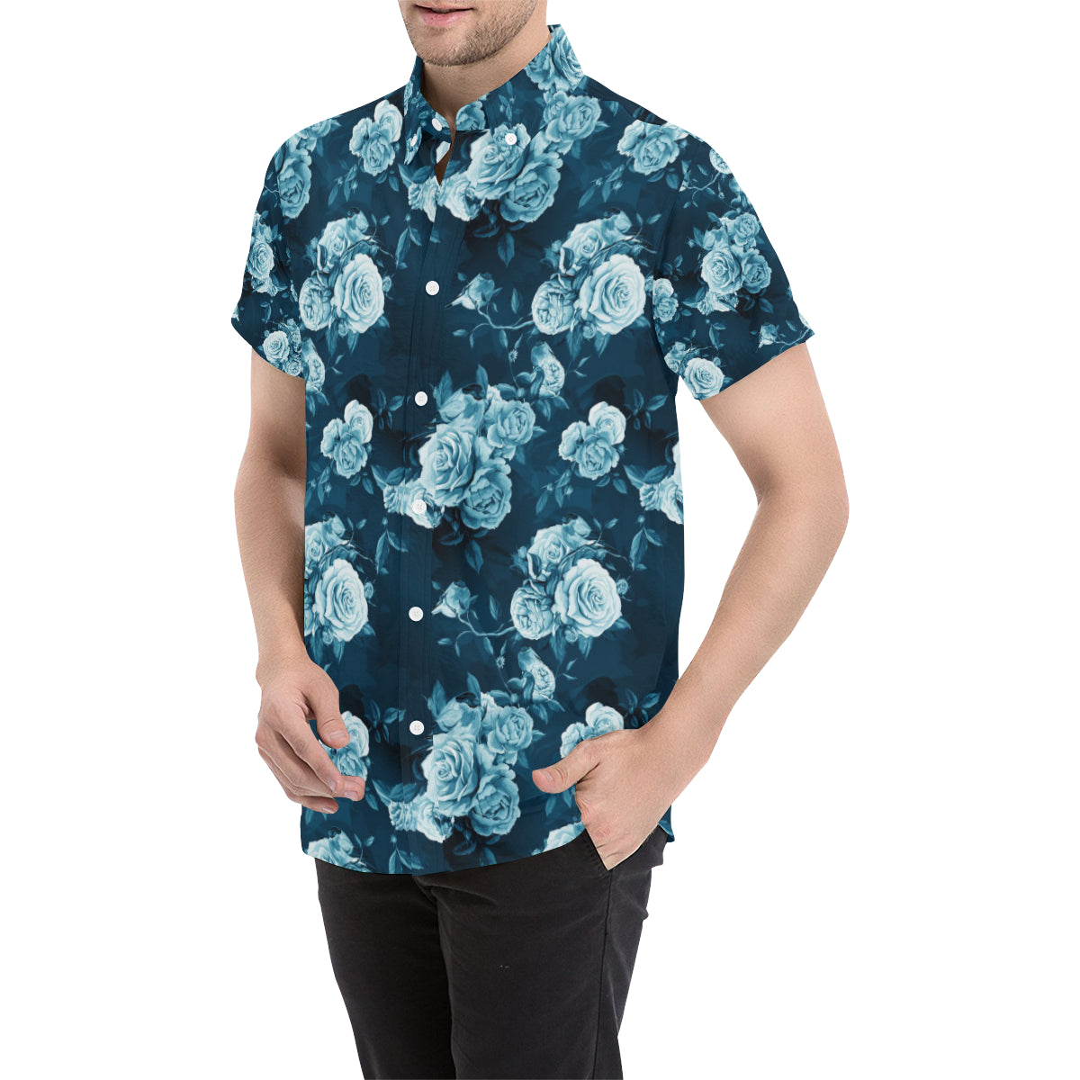 Rose Blue Pattern Print Design RO014 Men's Short Sleeve Button Up Shirt