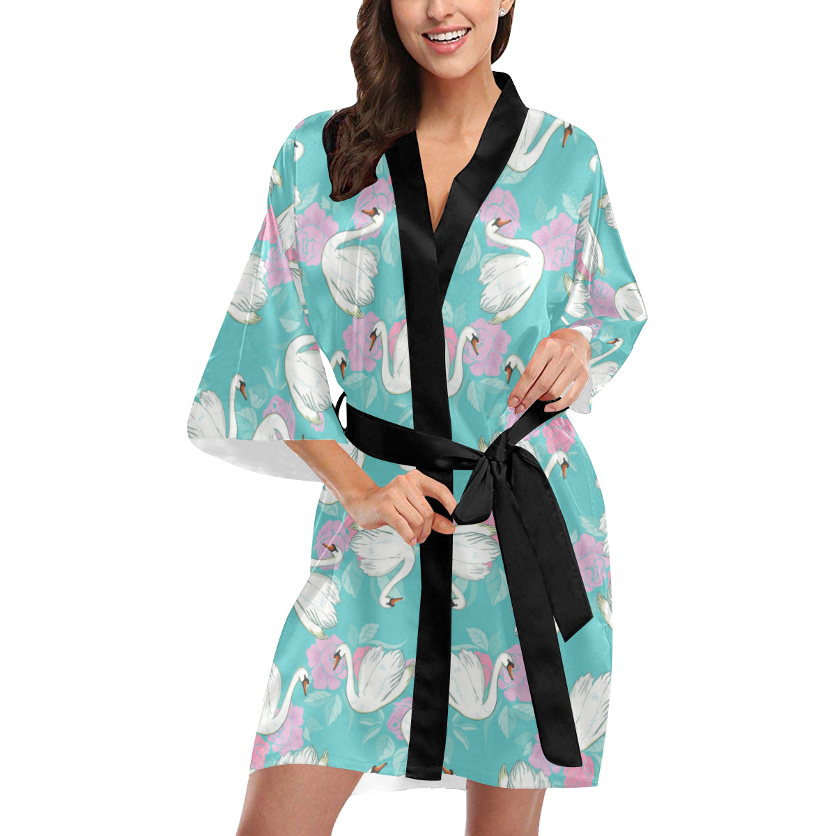 Swan Pattern Print Design 03 Women's Short Kimono
