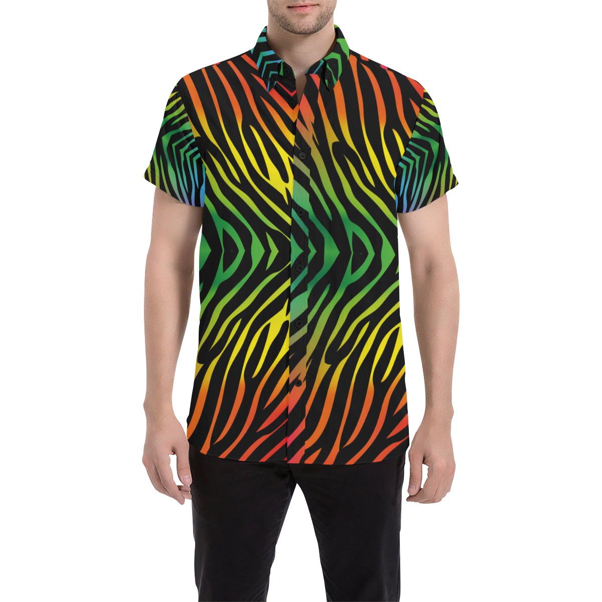 Rainbow Zebra Themed Print Men's Short Sleeve Button Up Shirt