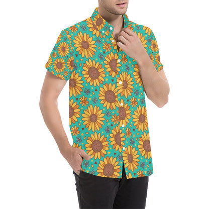 Sunflower Pattern Print Design SF013 Men's Short Sleeve Button Up Shirt
