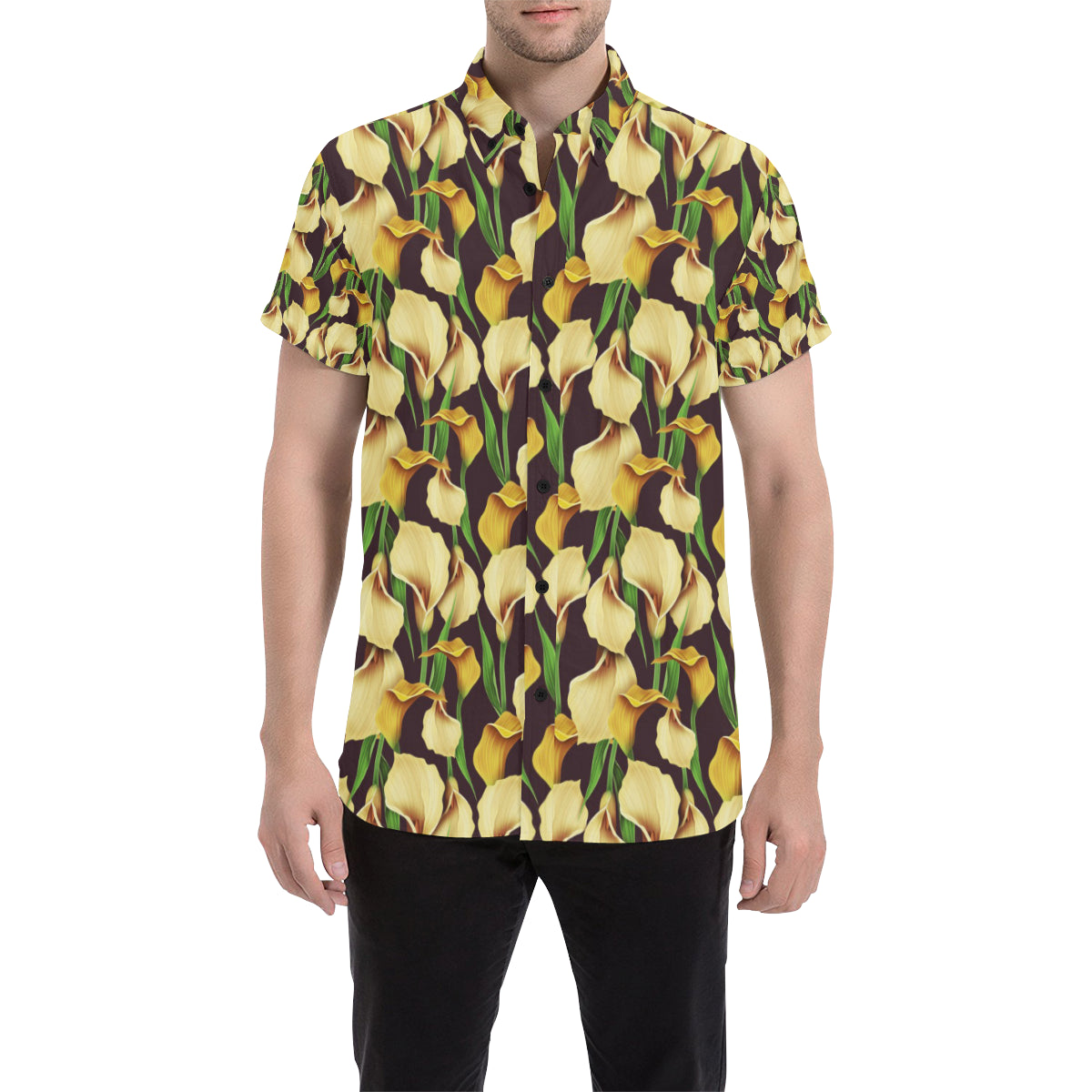 Lily Pattern Print Design LY013 Men's Short Sleeve Button Up Shirt