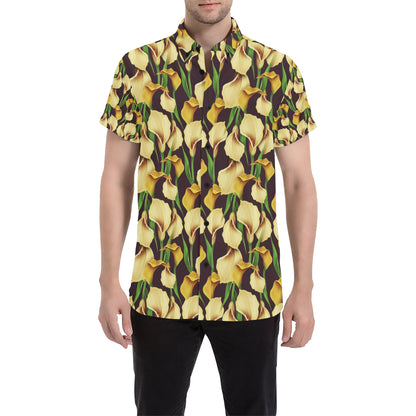 Lily Pattern Print Design LY013 Men's Short Sleeve Button Up Shirt