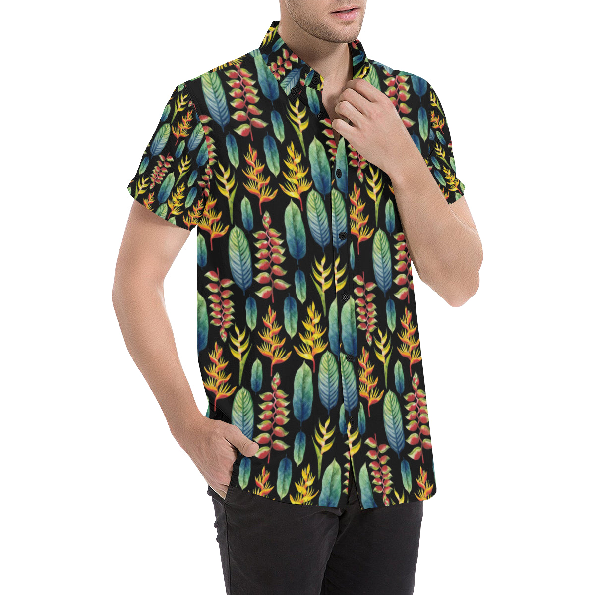 Heliconia Pattern Print Design HL03 Men's Short Sleeve Button Up Shirt
