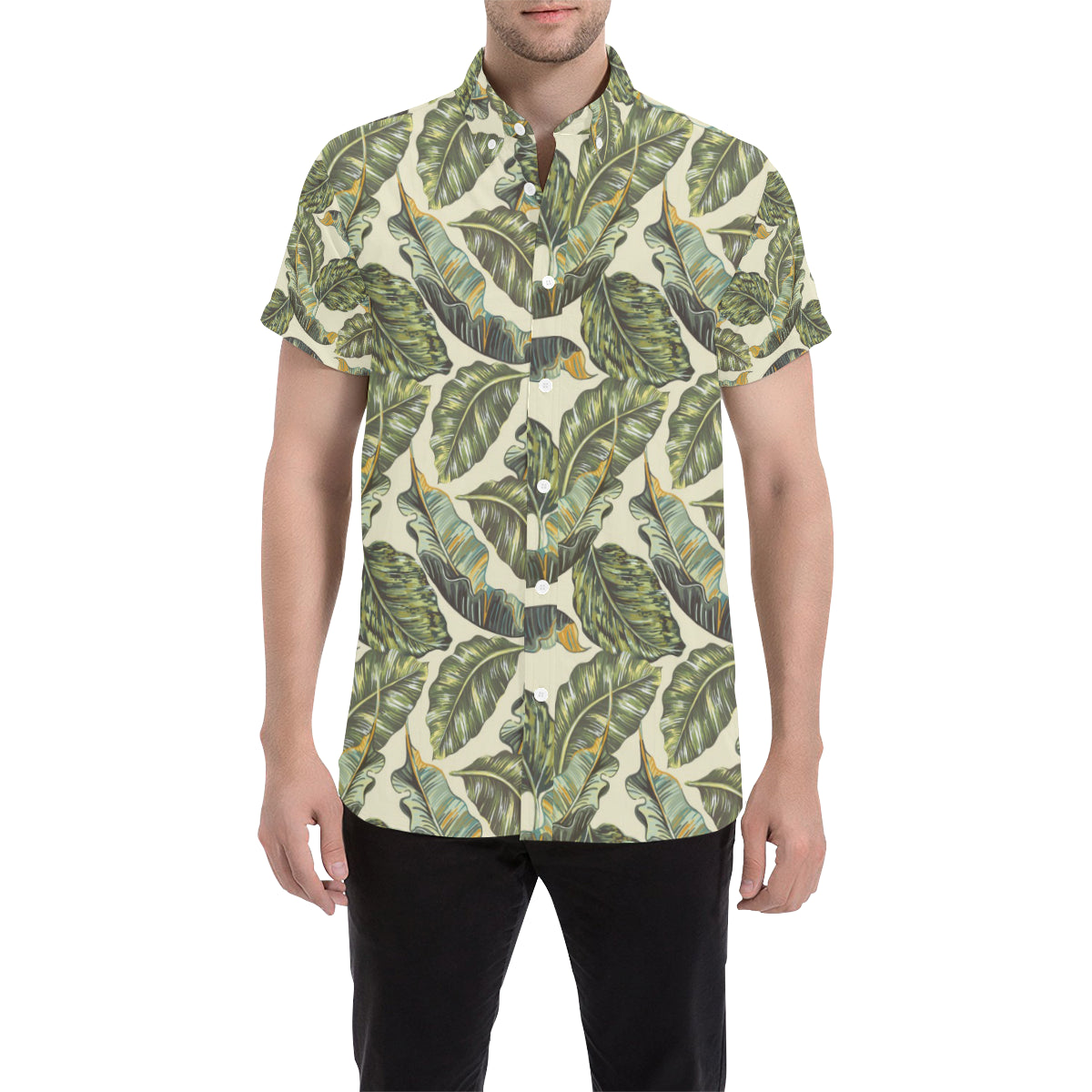 Banana Leaf Pattern Print Design BL08 Men's Short Sleeve Button Up Shirt