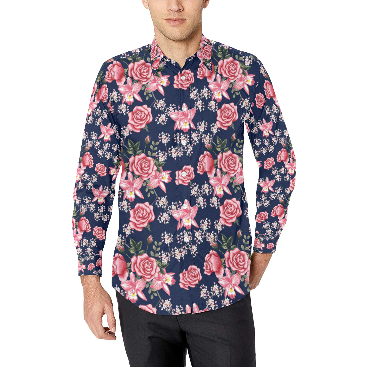 Rose Pattern Print Design A05 Men's Long Sleeve Shirt