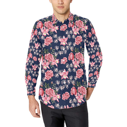 Rose Pattern Print Design A05 Men's Long Sleeve Shirt