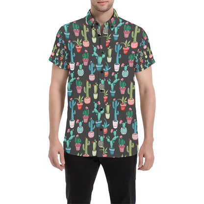 Cactus Pattern Print Design 02 Men's Short Sleeve Button Up Shirt