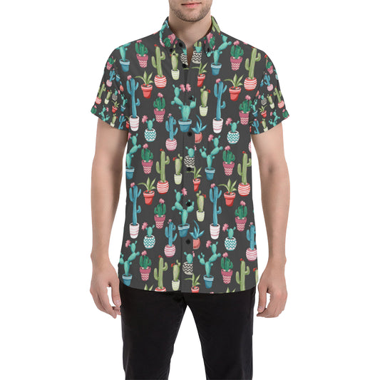 Cactus Pattern Print Design 02 Men's Short Sleeve Button Up Shirt