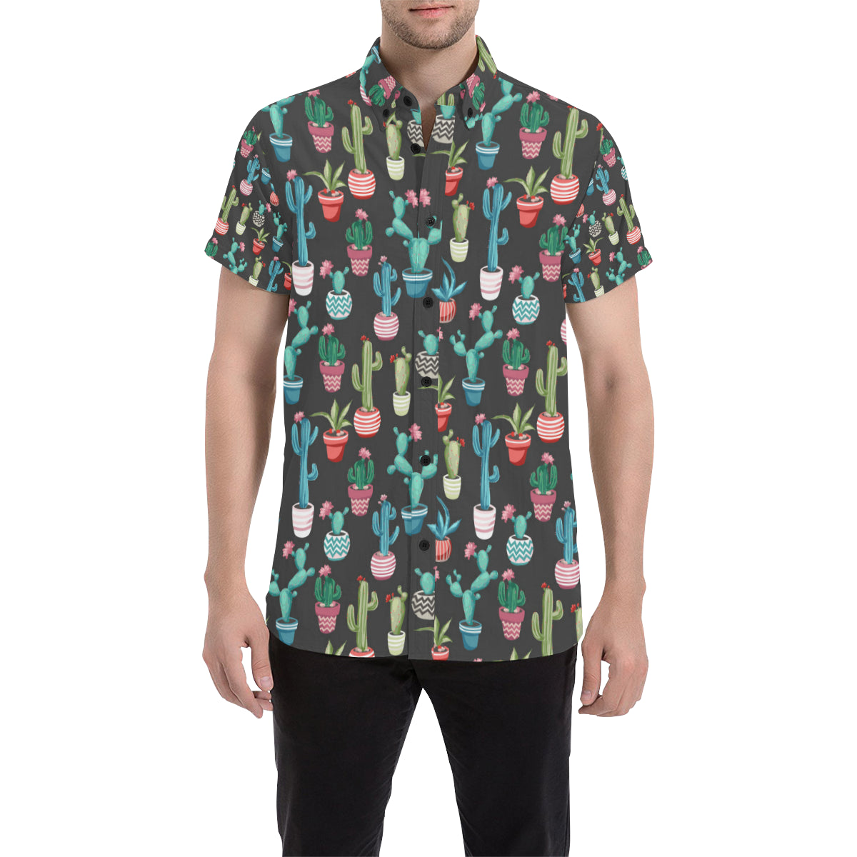 Cactus Pattern Print Design 02 Men's Short Sleeve Button Up Shirt