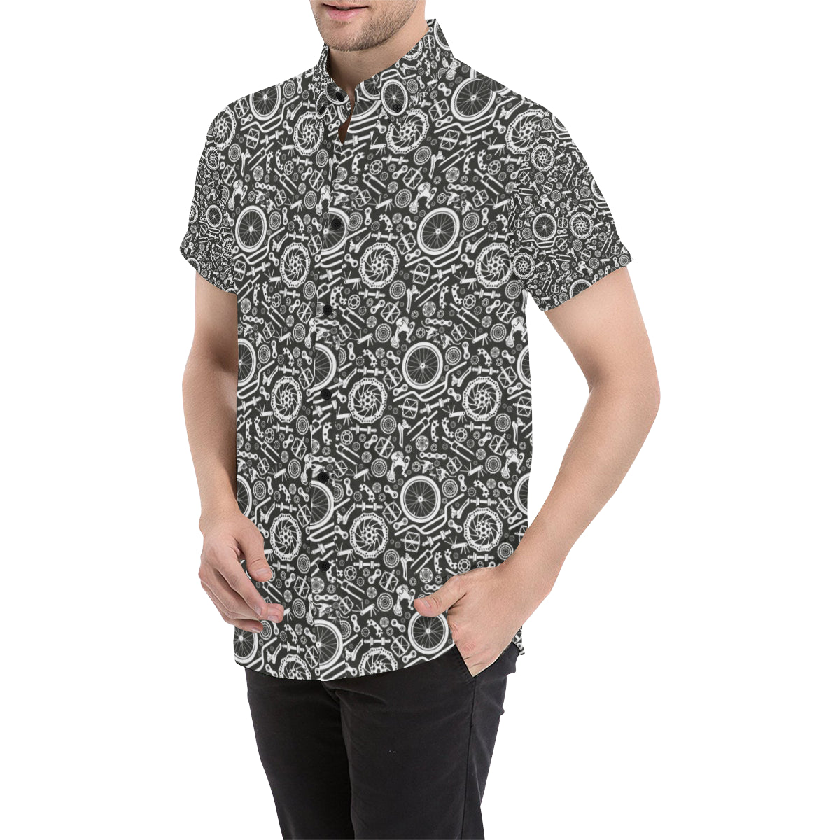 Bicycle Tools Pattern Print Design 02 Men's Short Sleeve Button Up Shirt