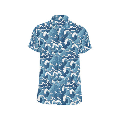 Wave Themed Pattern Print Men's Short Sleeve Button Up Shirt