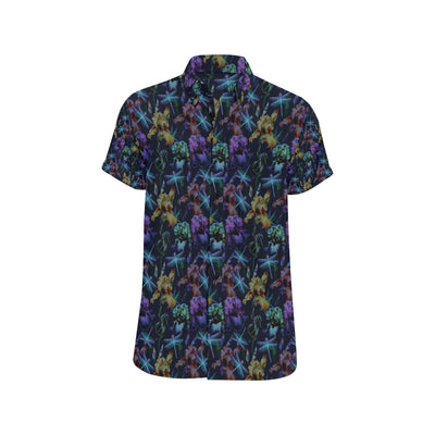 Dragonfly With Floral Print Pattern Men's Short Sleeve Button Up Shirt