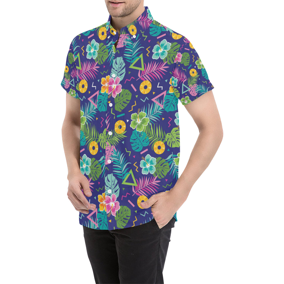 Hawaiian Themed Pattern Print Design H014 Men's Short Sleeve Button Up Shirt