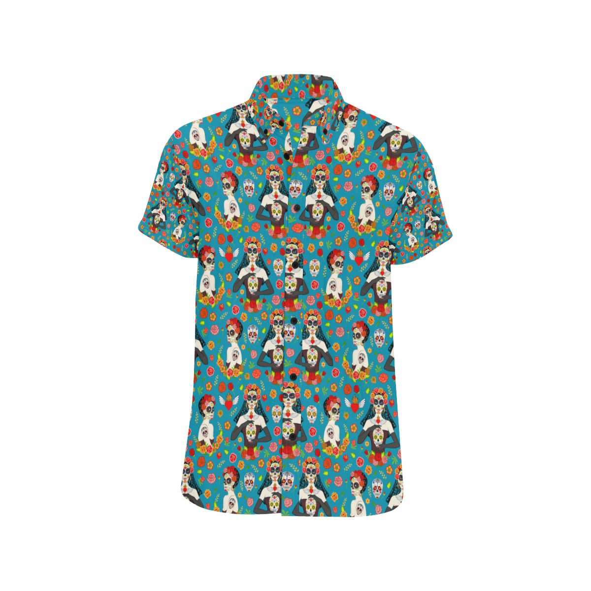 Day of the Dead Old School Girl Design Men's Short Sleeve Button Up Shirt