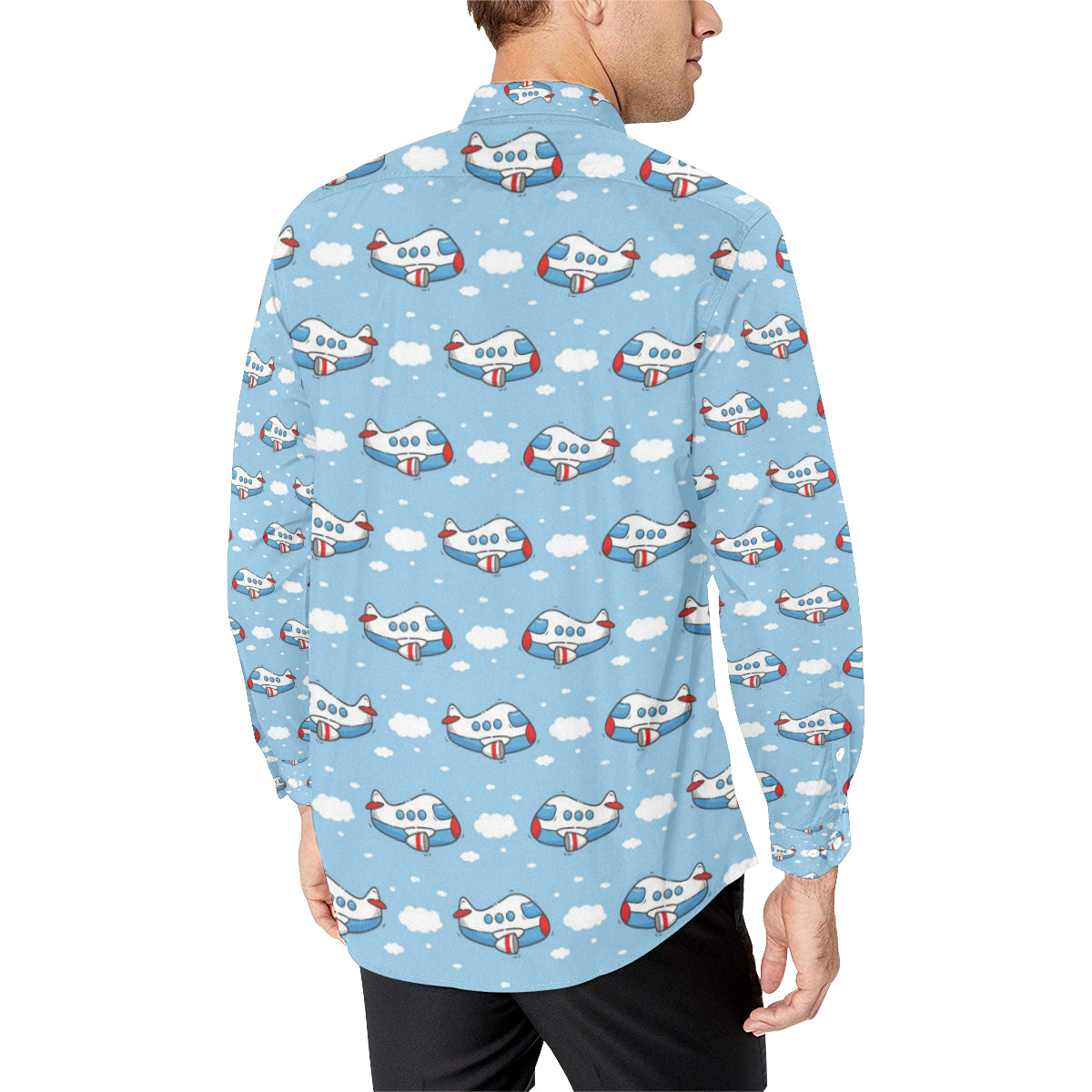 Airplane Cartoon Pattern Print Design 07 Men's Long Sleeve Shirt
