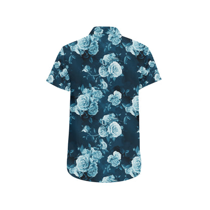Rose Blue Pattern Print Design RO014 Men's Short Sleeve Button Up Shirt