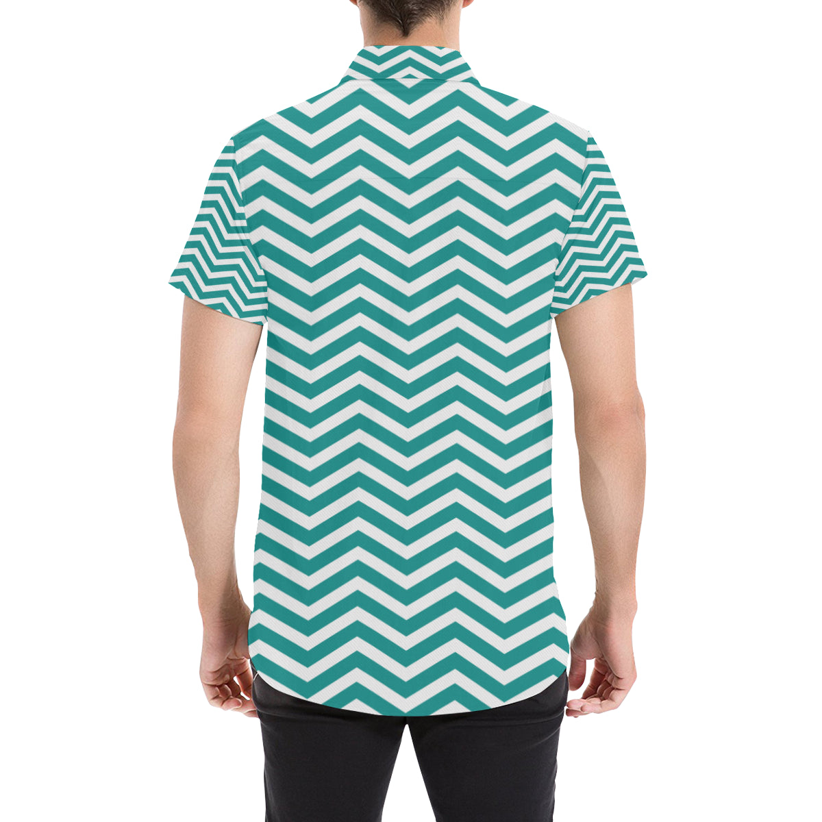 Chevron Teal Pattern Print Design 02 Men's Short Sleeve Button Up Shirt