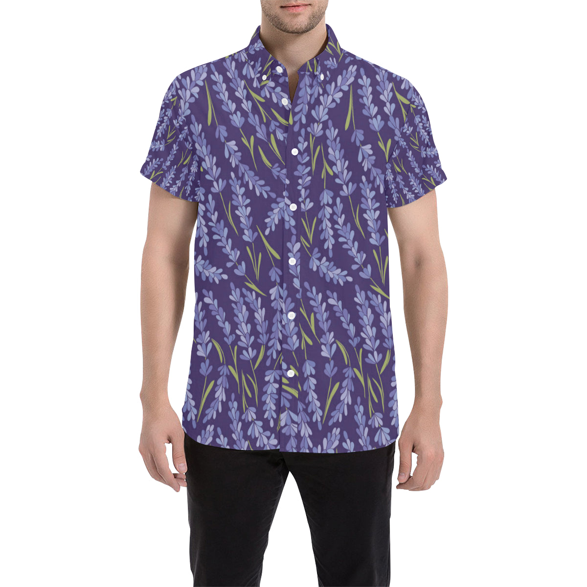 Lavender Pattern Print Design 03 Men's Short Sleeve Button Up Shirt
