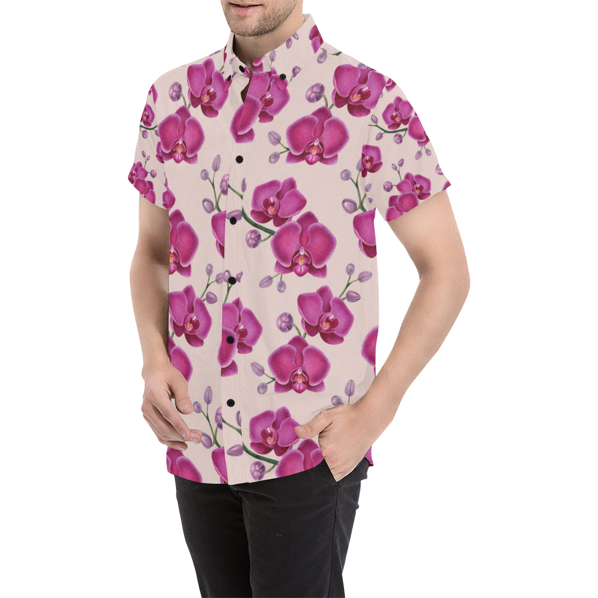 Orchid Pattern Print Design A02 Men's Short Sleeve Button Up Shirt
